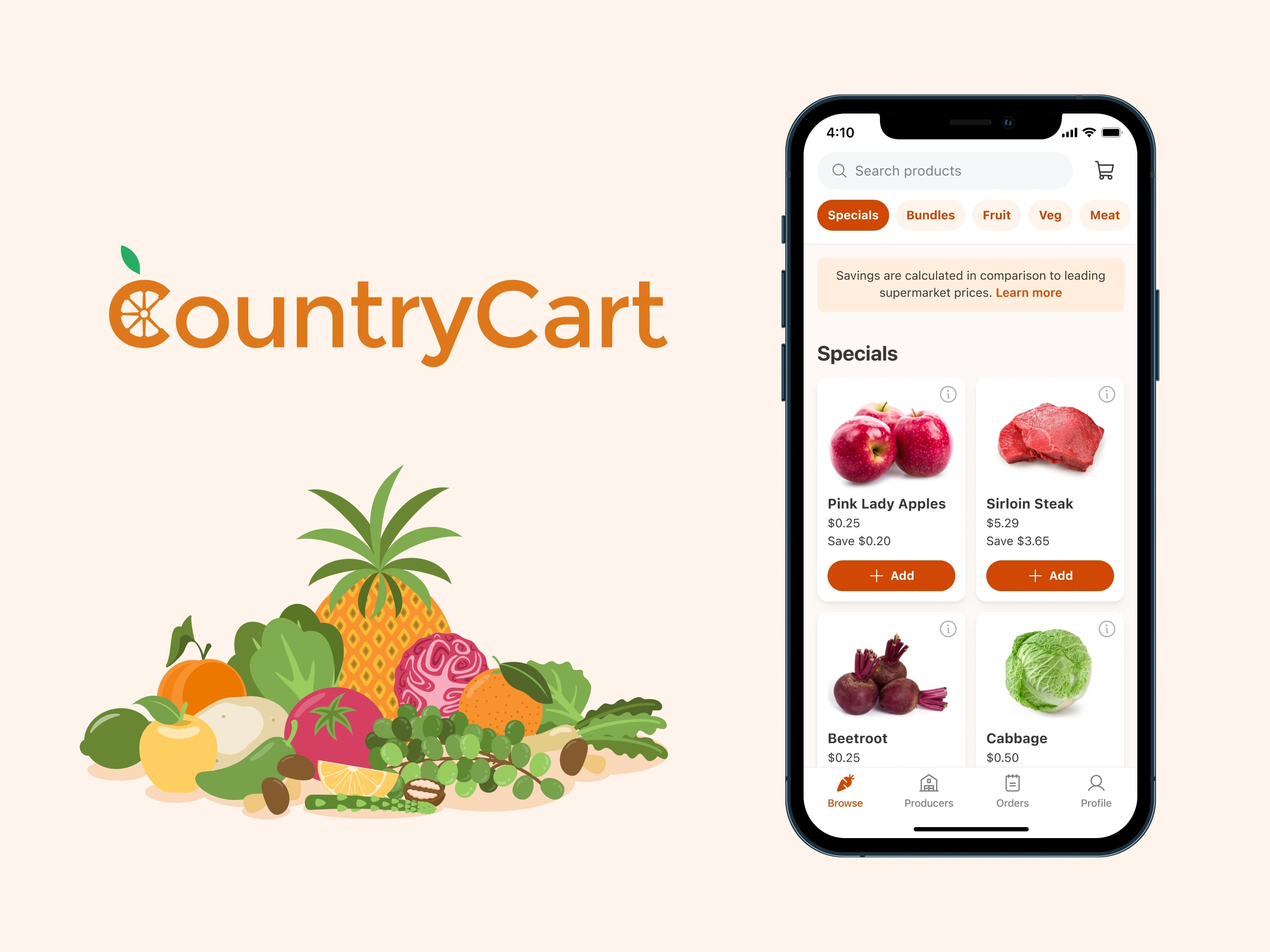 CountryCart mobile marketplace and brand identity