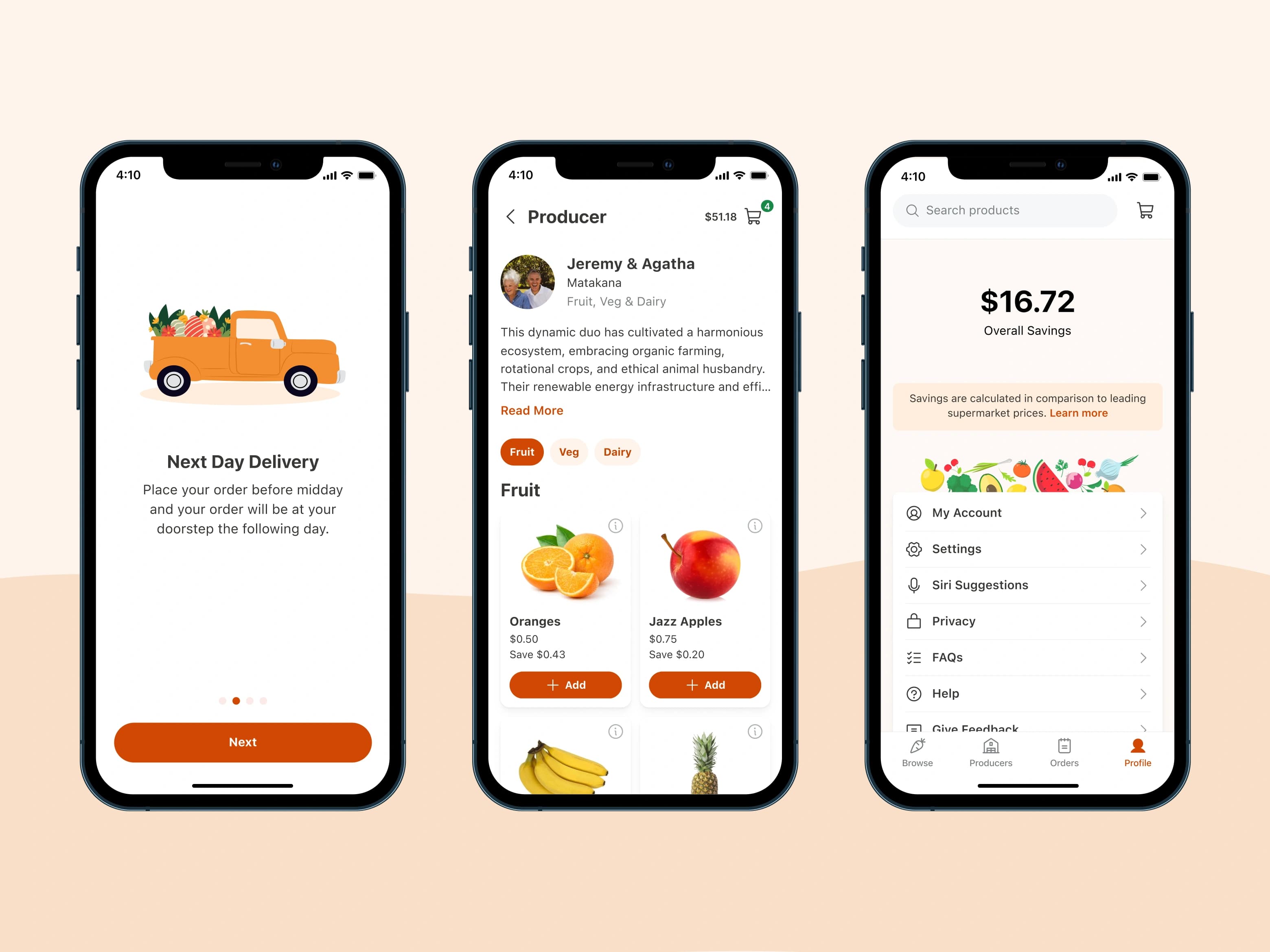 CountryCart delivery onboarding, producer profile and account screens