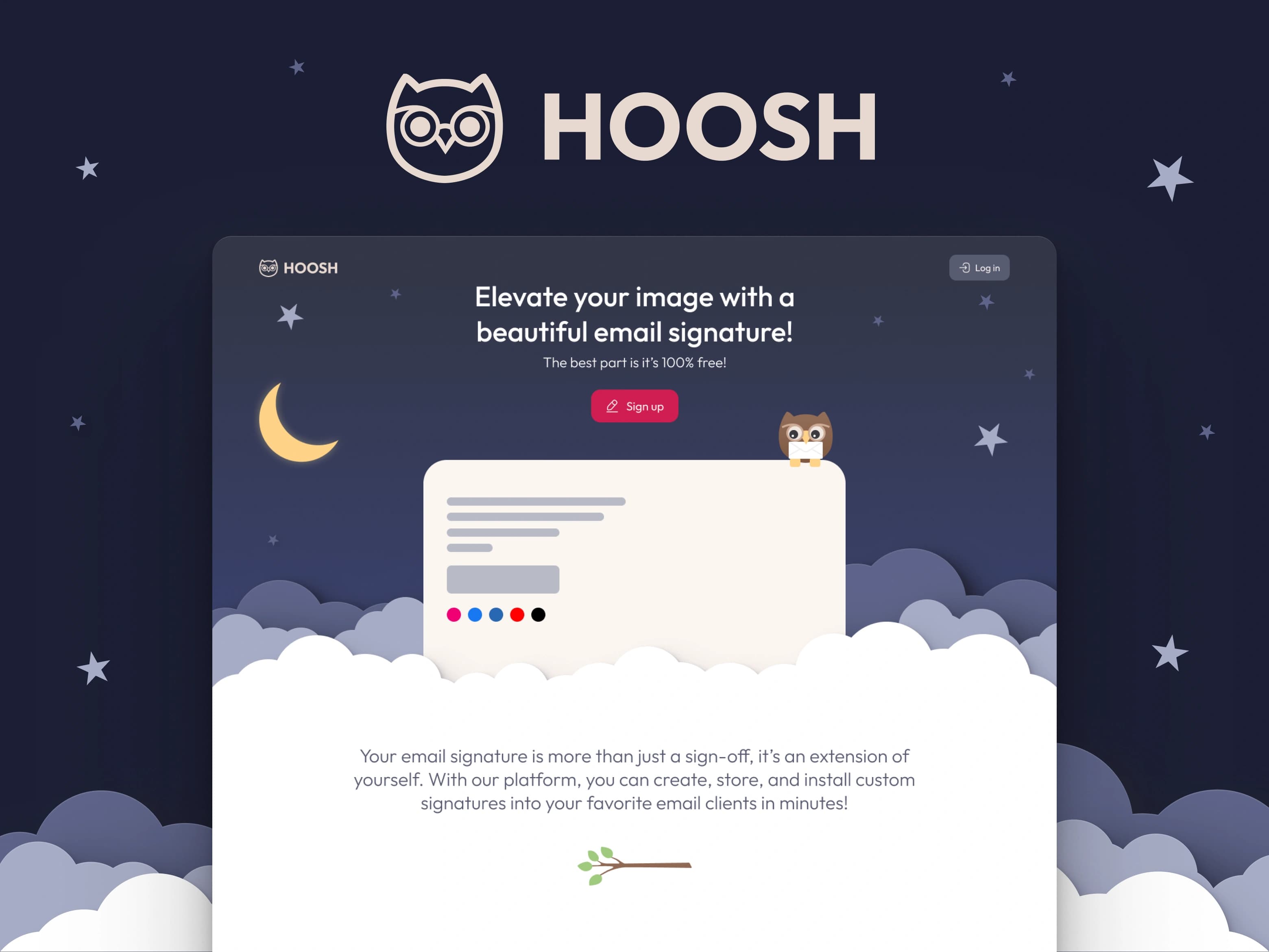 Hoosh email signature product and owl brand character