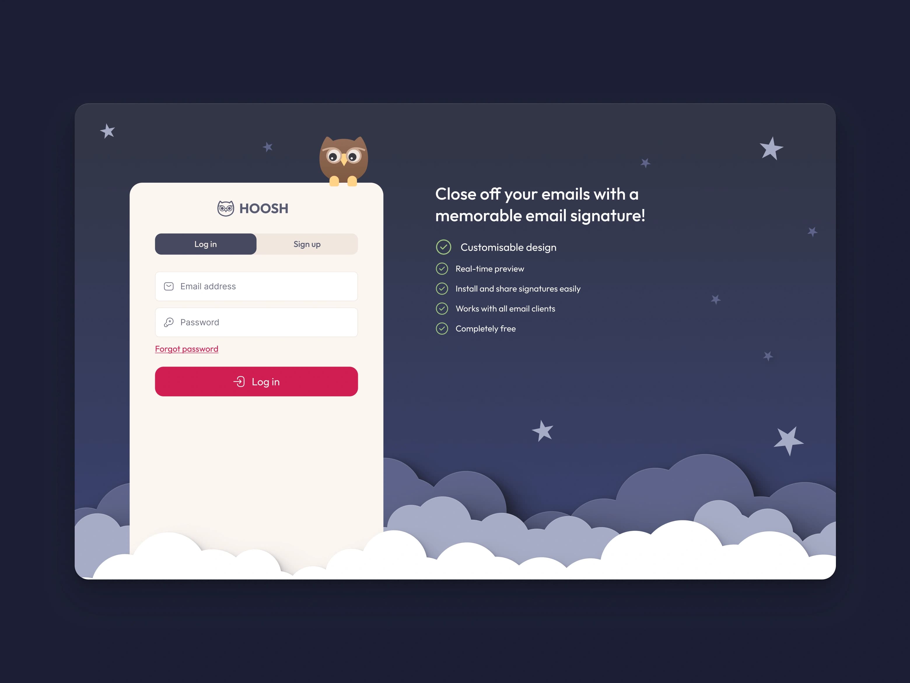 Hoosh sign-in and product introduction screens