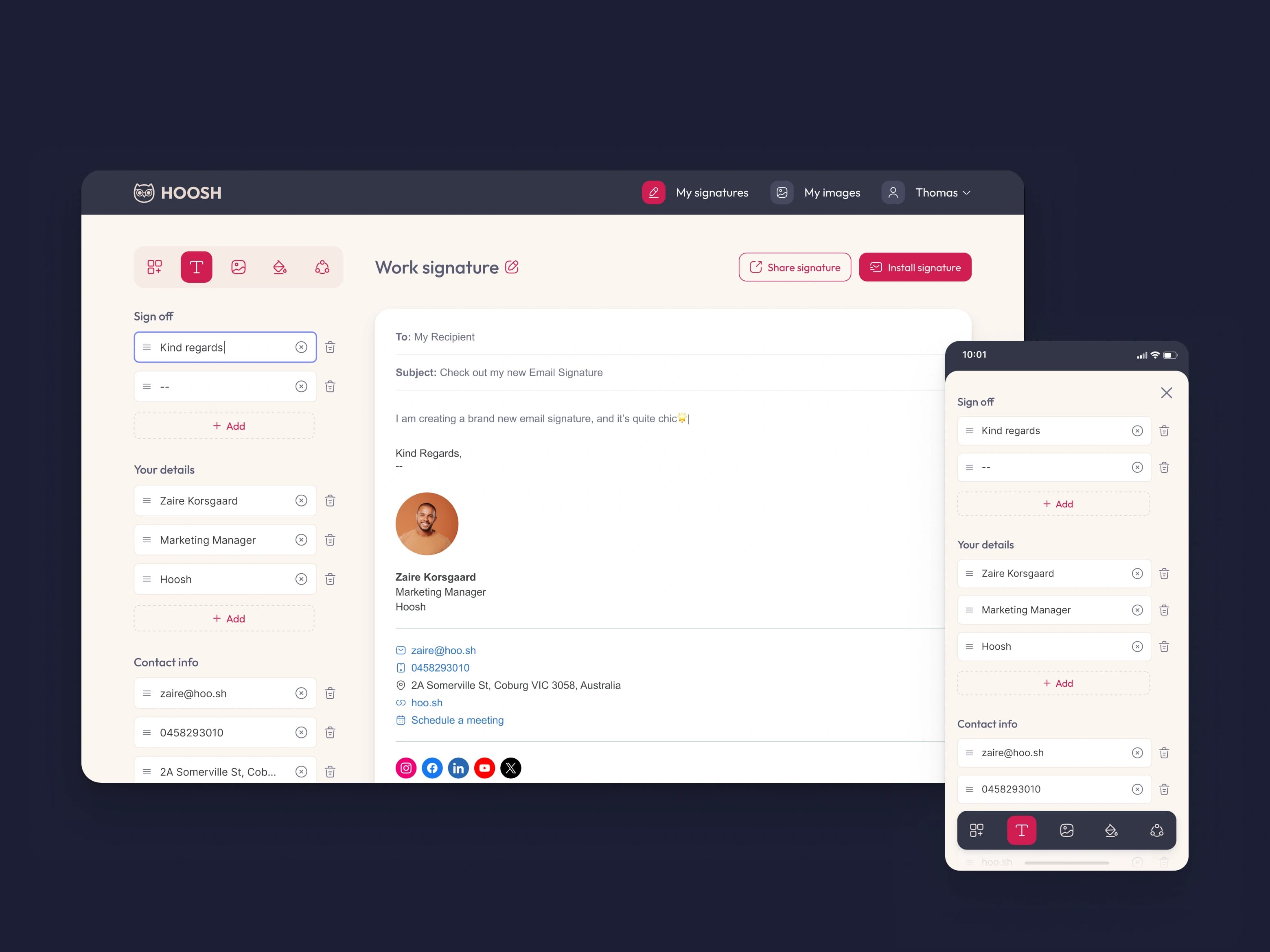 Hoosh editable signature fields on desktop and mobile