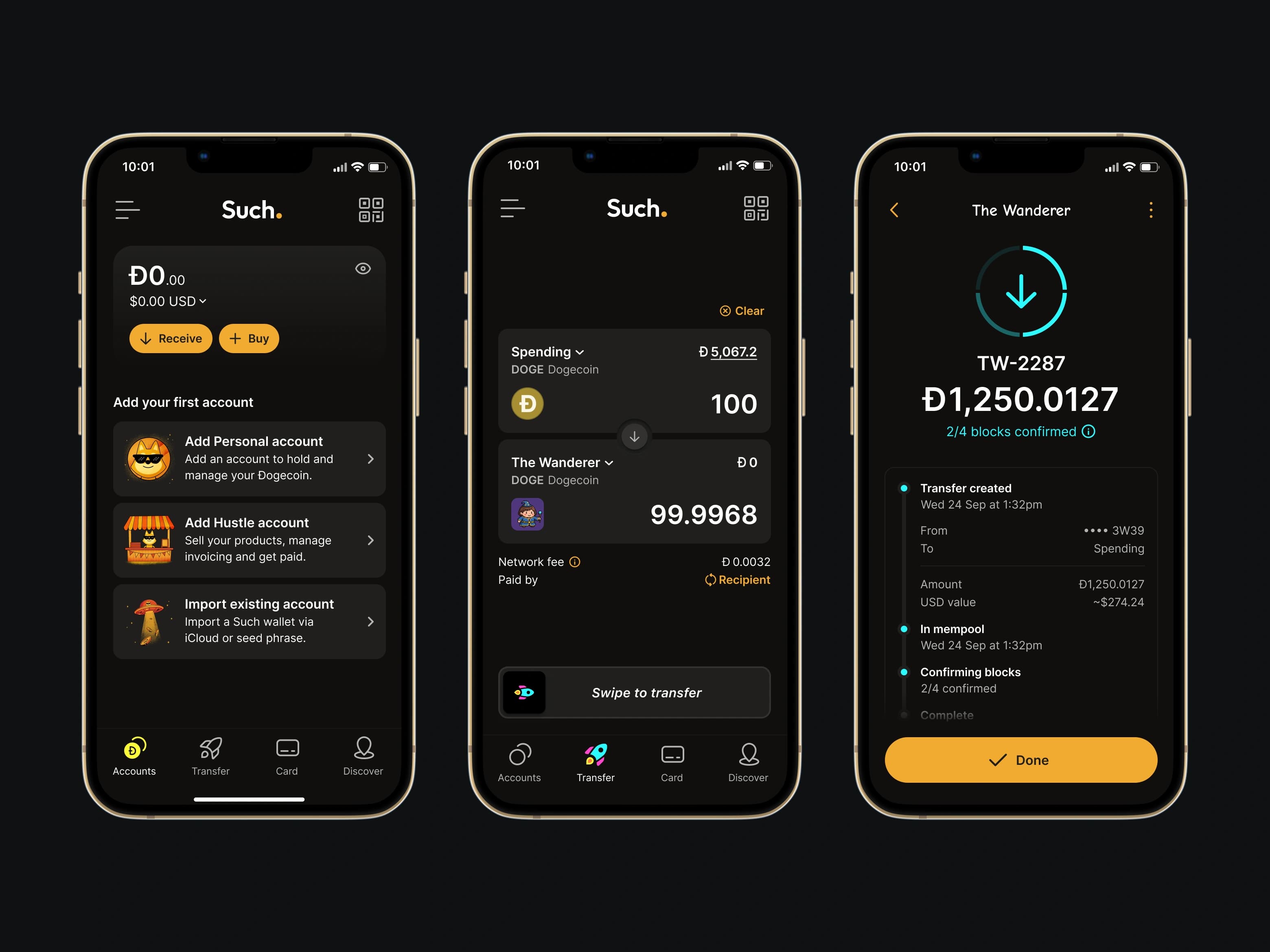 Such wallet onboarding, Dogecoin transfer and transaction confirmation screens