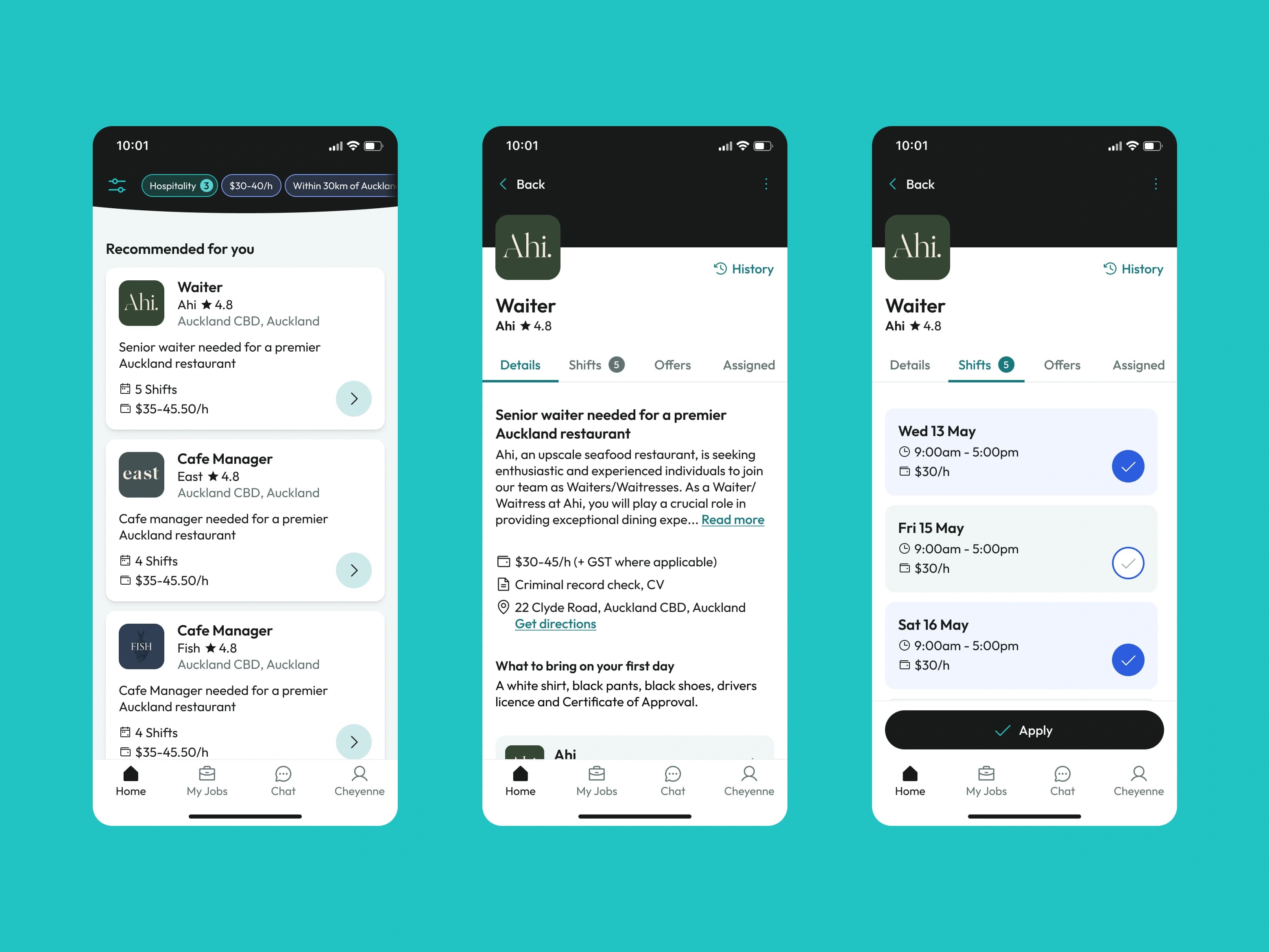 Oh My Jobs contractor app job discovery, details and shift selection