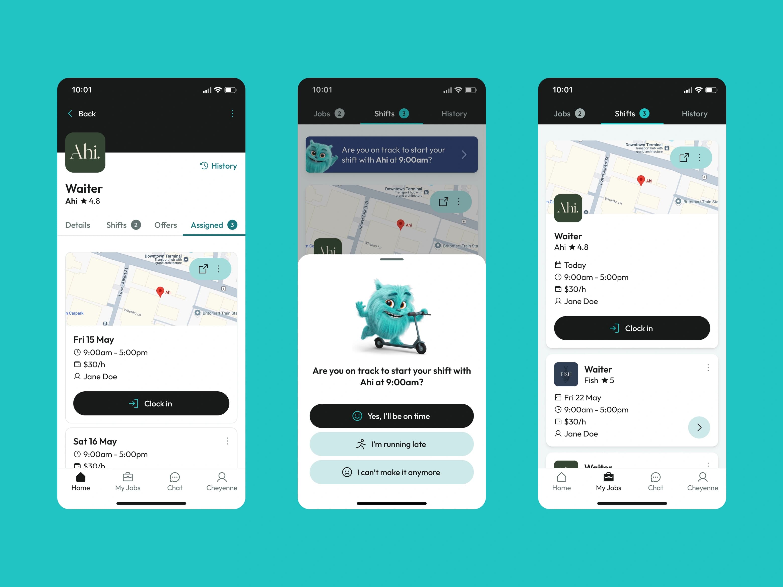 Oh My Jobs assigned shifts, arrival check-in and clock-in screens