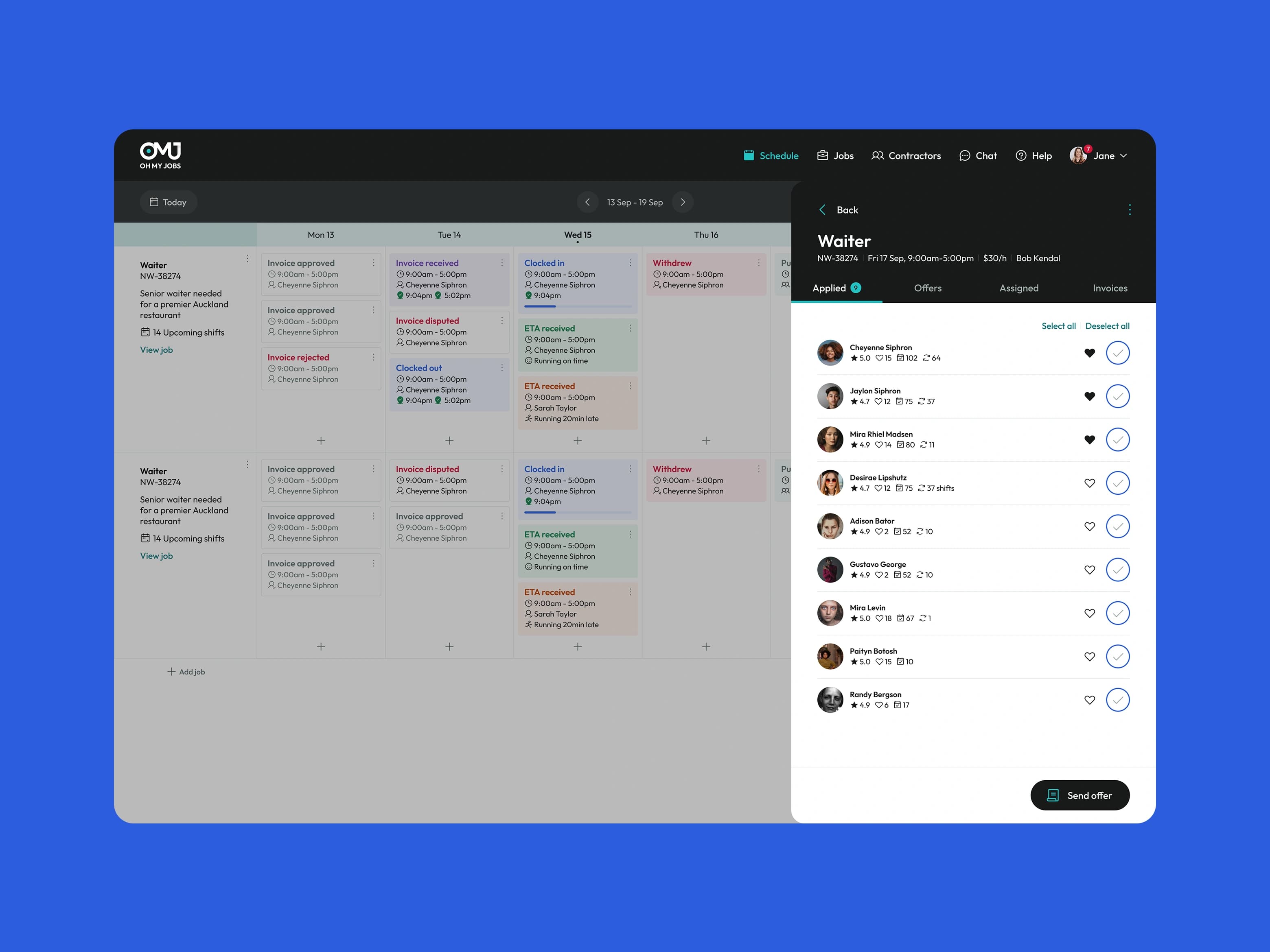 Oh My Jobs business app applicant review and offer panel