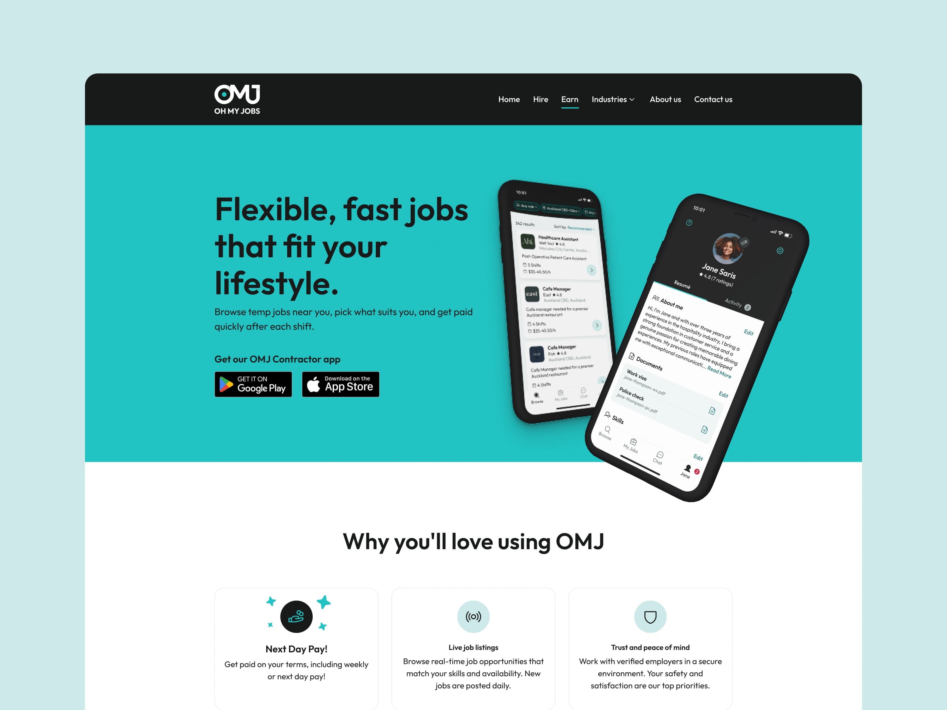 Oh My Jobs contractor website with job discovery and profile screens