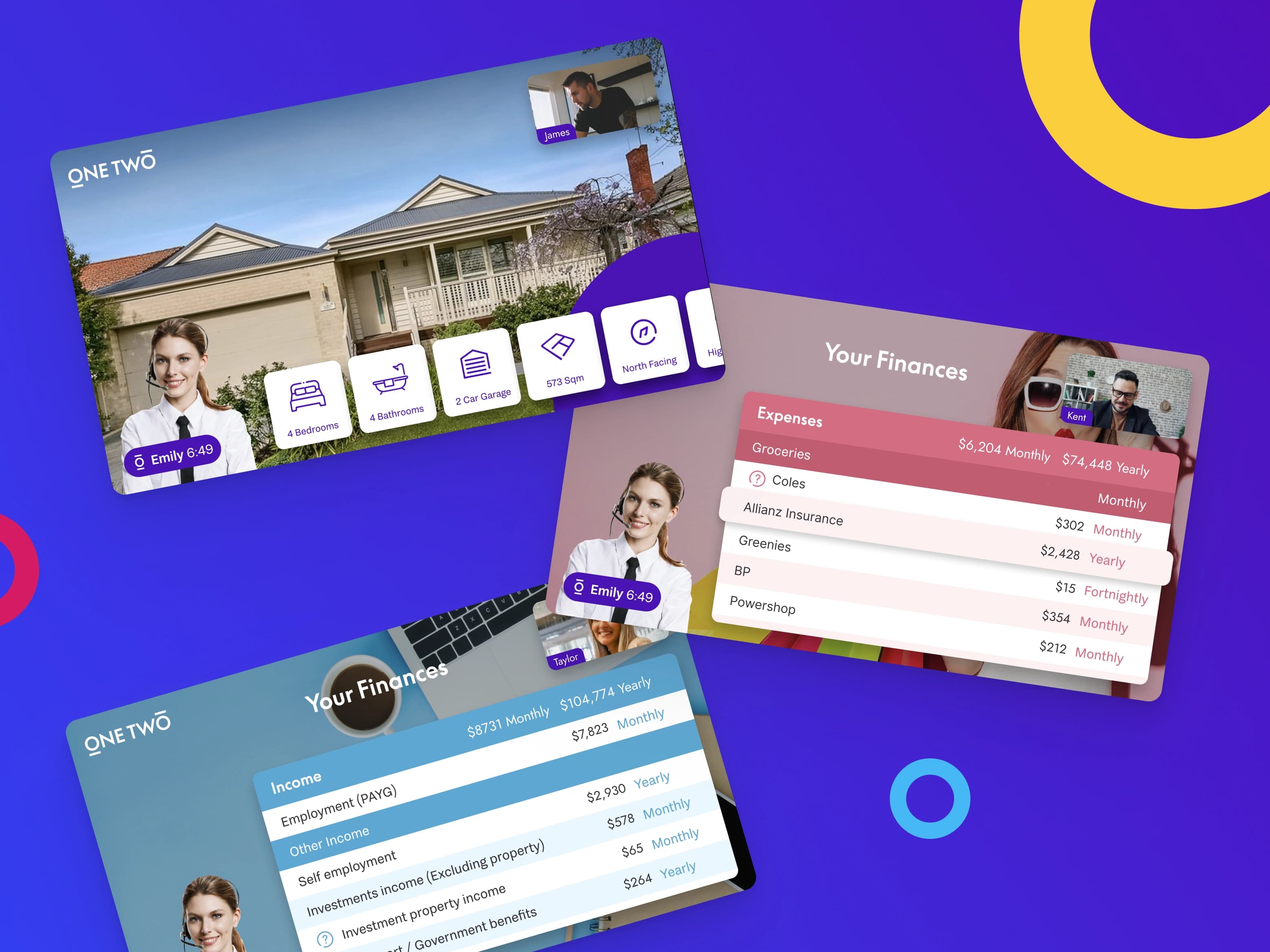 OneTwo shared financial and property assessment screens