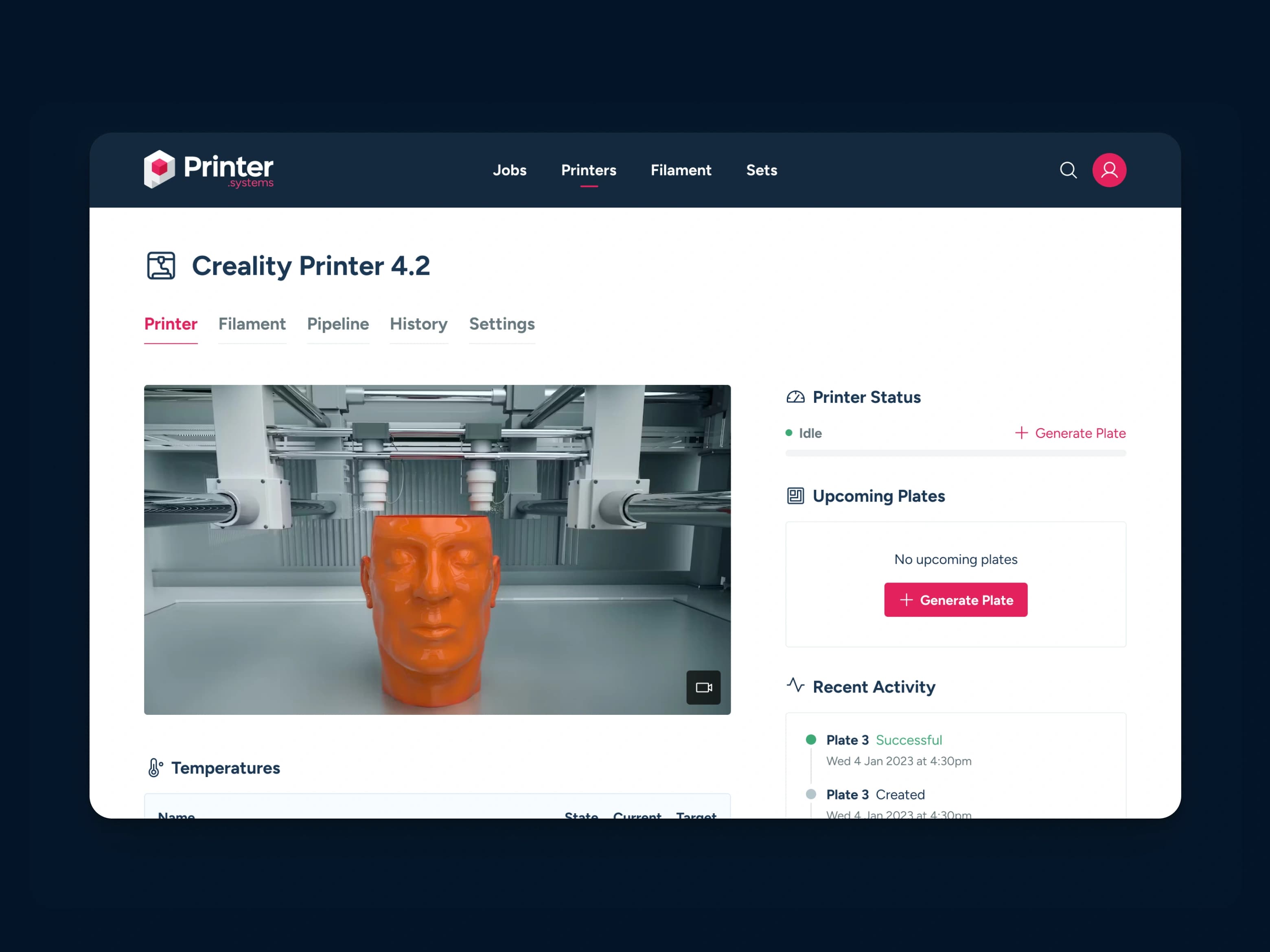 Printer Systems live printer dashboard