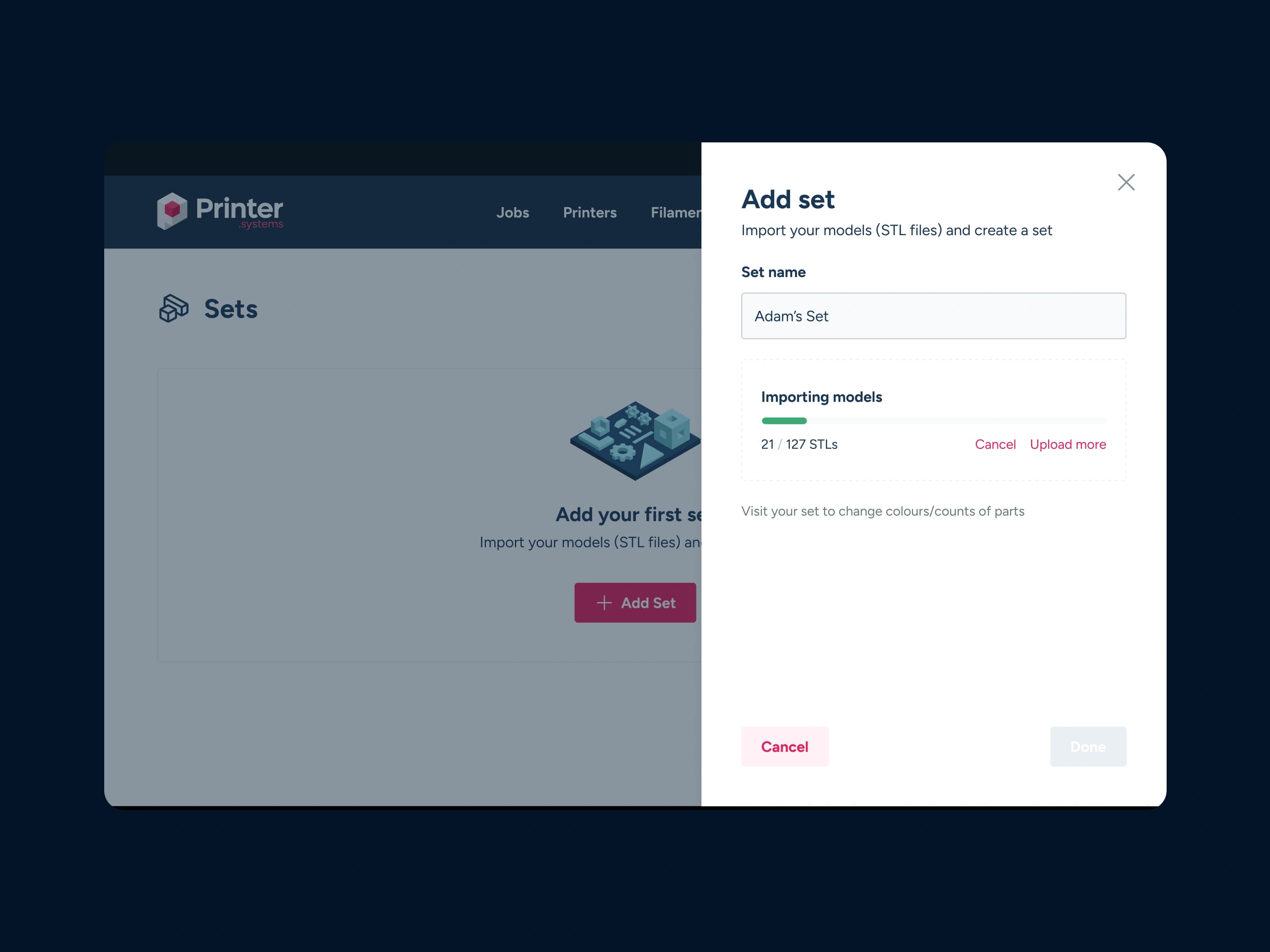 Printer Systems bulk model import workflow